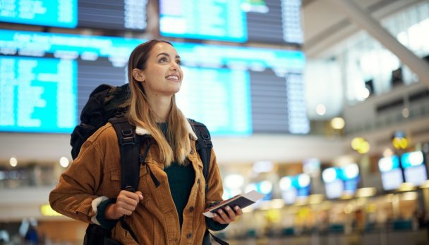 Travel,,Airport,And,Excited,Woman,With,Passport.,Travel,Ticket,And